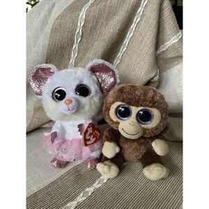 Ty Beanie Boos COCONUT the Monkey 6" Plush Toy AND Nina The Ballerina Mouse
